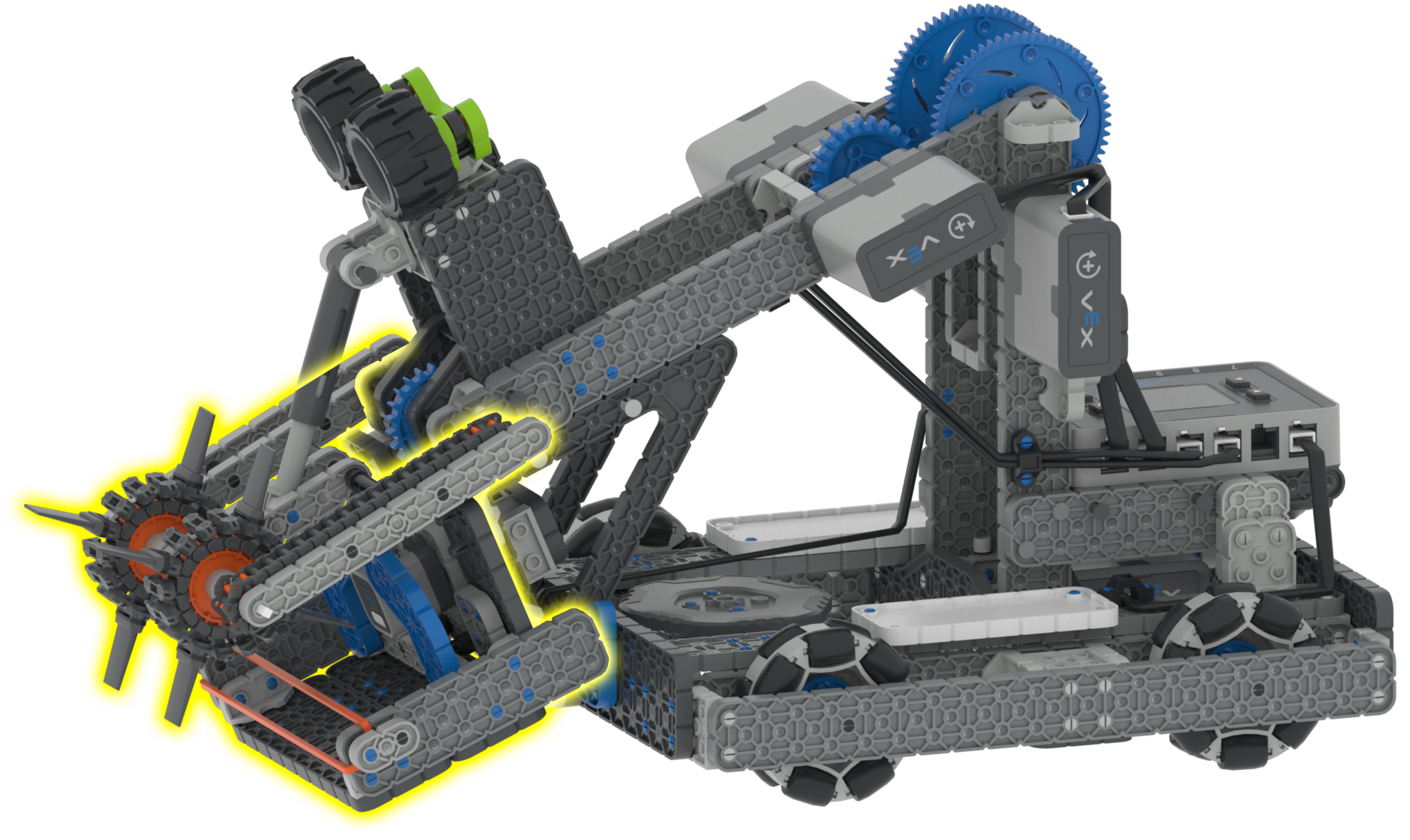 VEX IQ Hero Bot Byte 图表，突出显示了 Arm 和 Intake 功能的电机组。