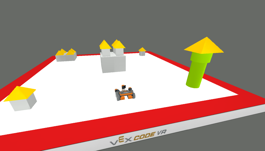 Castle Crasher 游乐场的图片，其中展示了一个 VR 机器人及其属性，位于一个 2000 毫米 x 2000 毫米的空间内。