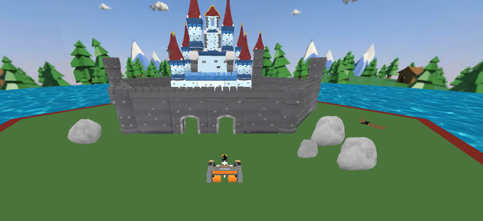 Castle Crasher+ VR 机器人在六边形游乐场中的图像，带有传感器和动力传动系统配置。