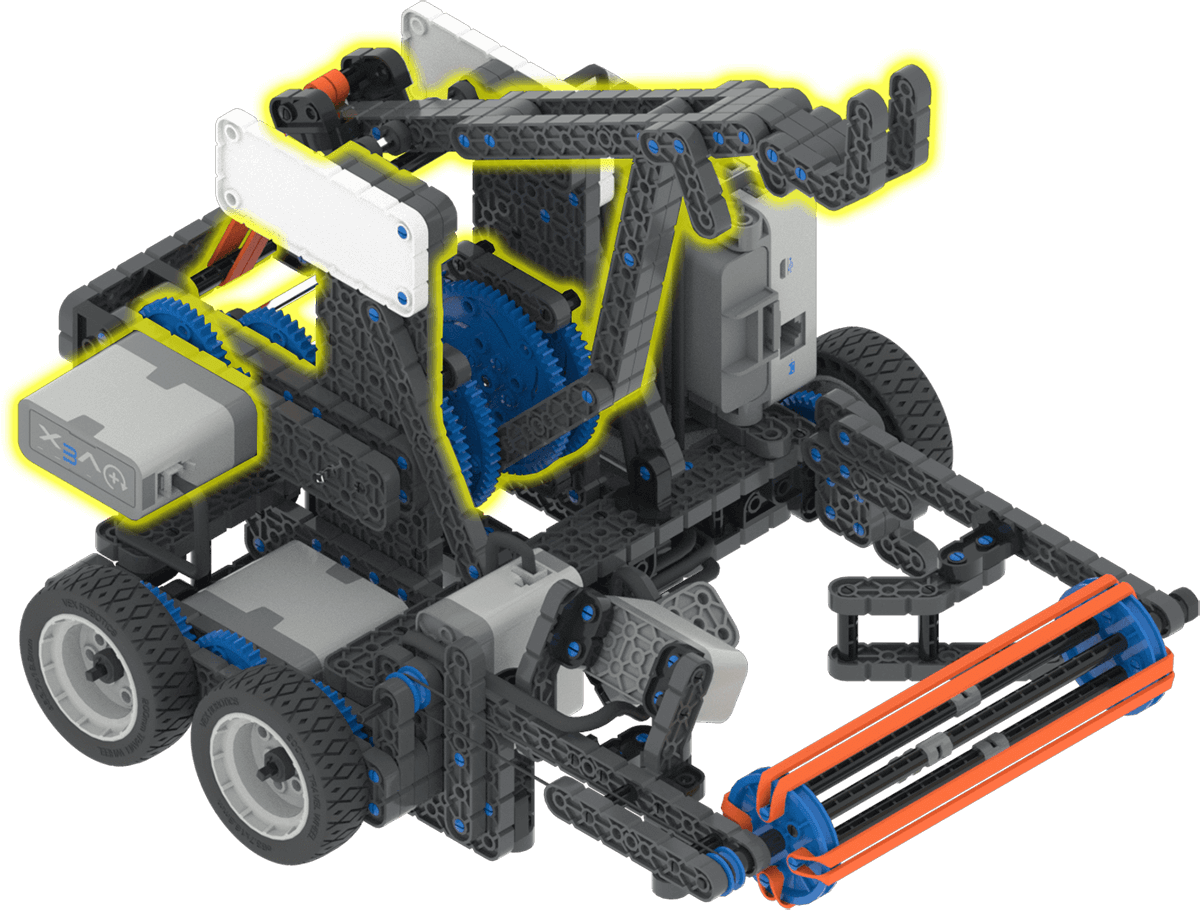 Fling VEX IQ Hero Bot 弹射马达示意图，突出显示其在发射球得分中的作用。