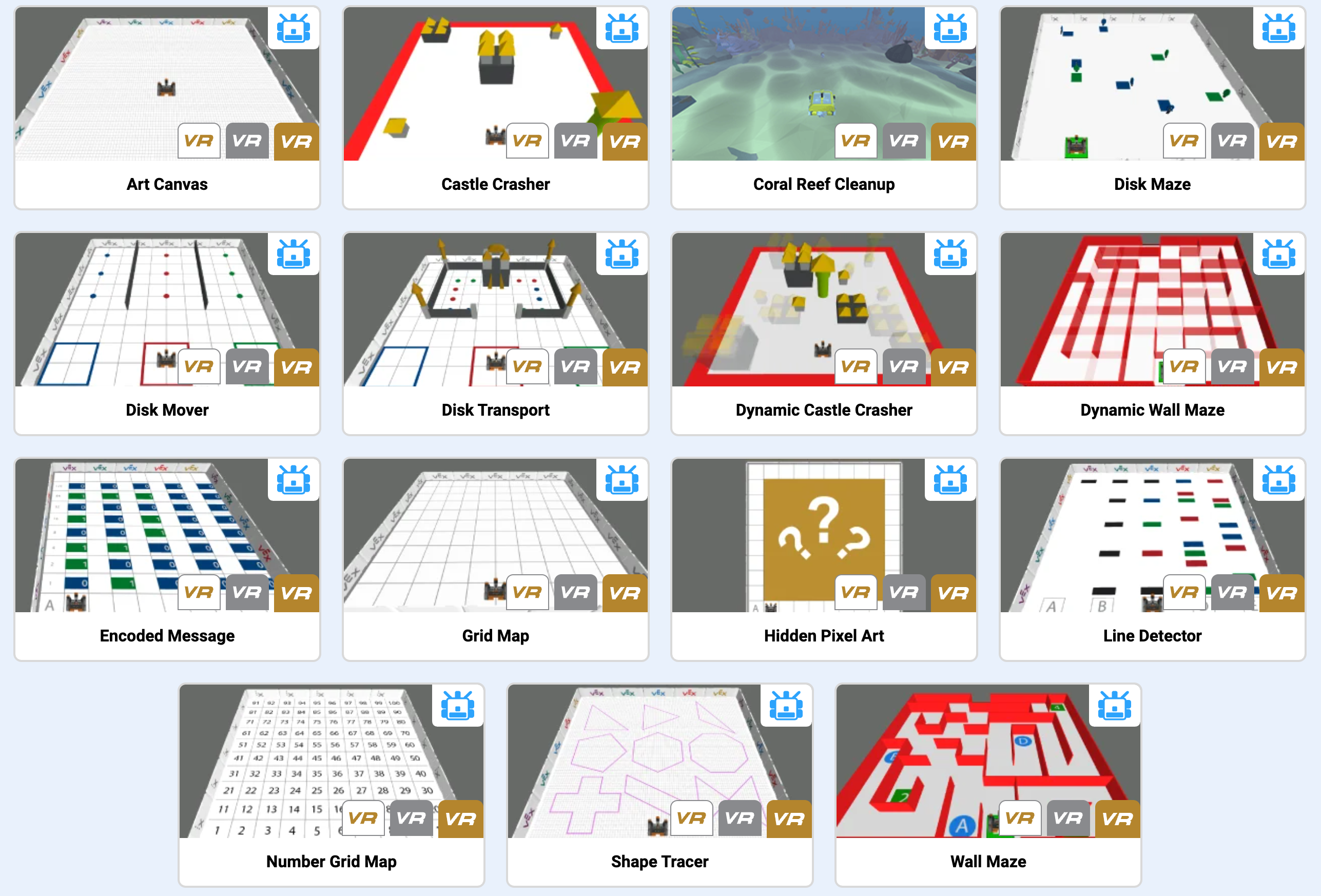 The VEXcode VR Playground selection window showing all available free playground thumbnails.