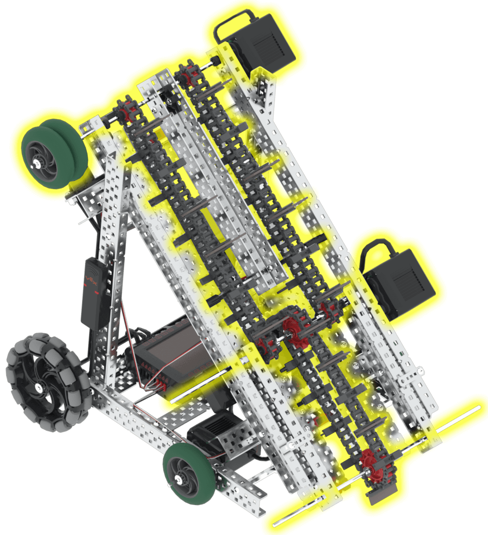 Disco VEX V5 Hero Bot 的进气电机组，配备轮子，用于在 Spin Up Playground 中收集和得分光盘。