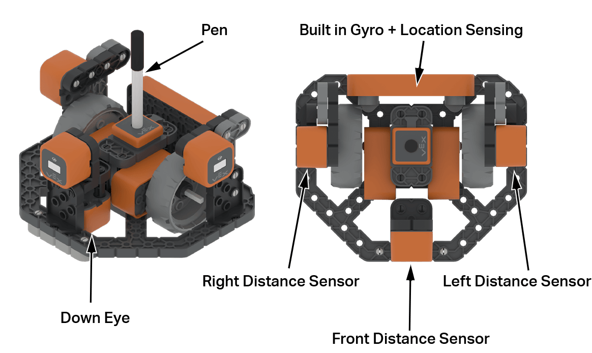 VR MazeBot 在 Wall Maze+ 游乐场中穿越方形网格迷宫，展示其速度和传感器。