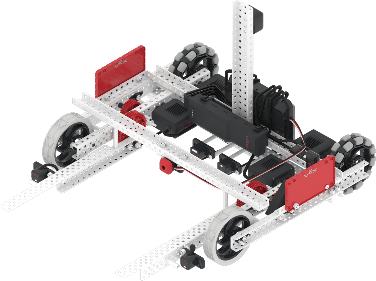The VEXcode VR Robot window showing the Moby Robot. It shows the robot raising forks to carry and score Rings and Mobile Goals.