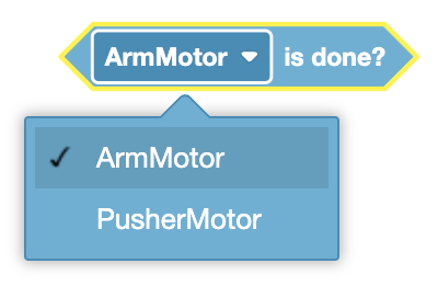 图片显示了一个标有“ArmMotor 是否完成？”的模块，其中包含一个用于选择电机的下拉菜单。下拉菜单当前显示已选中“ArmMotor”，但也允许用户选择“PusherMotor”。该模块用于检查所选电机（无论是“ArmMotor”还是“PusherMotor”）是否已完成其动作，例如到达指定位置或完成一次旋转。