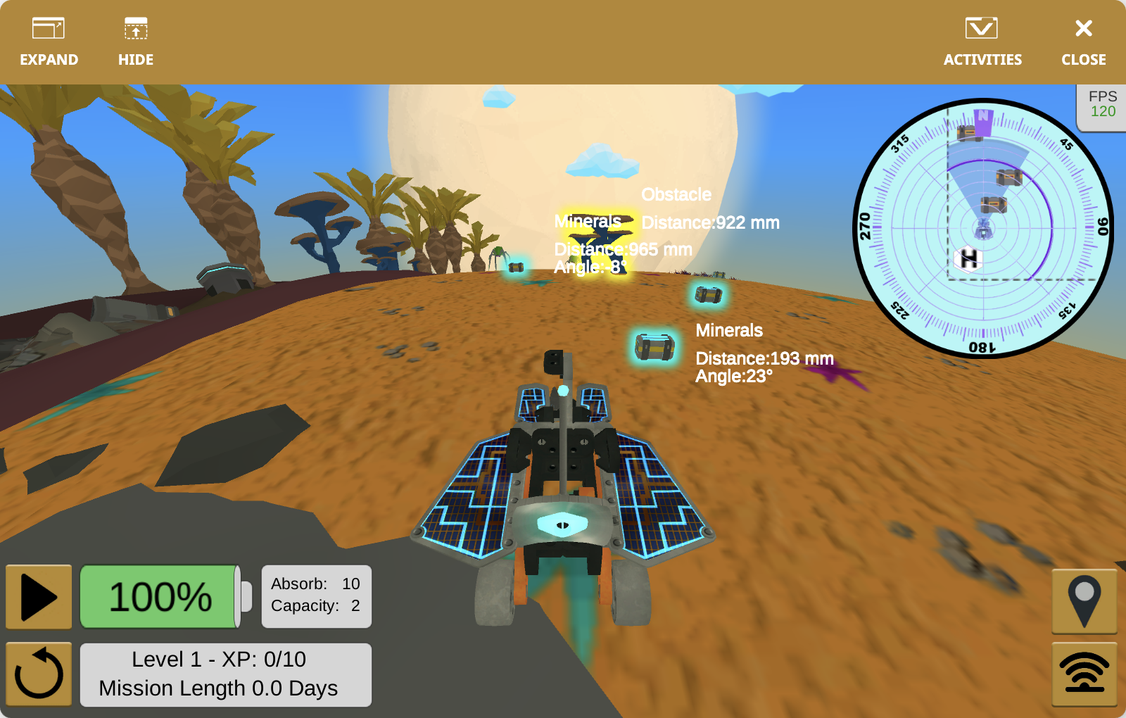 The VEXcode VR Playground window showing the Rover Rescue Playground. It shows the VR Rover exploring the alien environment, collecting minerals, avoiding enemies, and managing battery life.