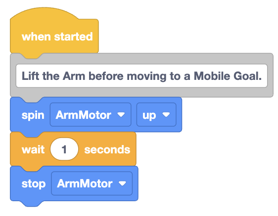 图片展示了一系列可视化编码块，这些块代表了使用“ArmMotor”抬起手臂，然后移动到移动目标的代码。代码以“启动时”块开头，后面跟着一条注释：“在移动到移动目标之前抬起手臂”。下一个块指示“ArmMotor”朝“向上”方向“旋转”。接下来是一个“等待”块，用于暂停执行“1 秒”。最后，代码包含一个“停止”块，用于停止“ArmMotor”。