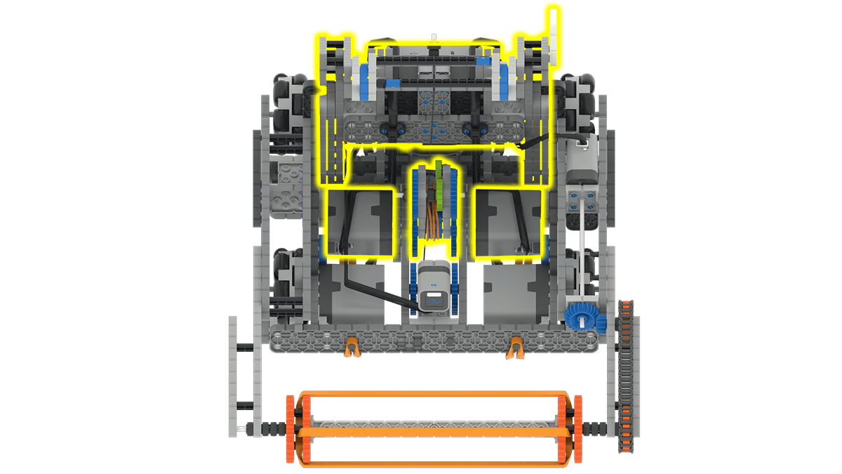 VEX IQ Hero Bot Swish 示意图，其中弹射臂以黄色突出显示。