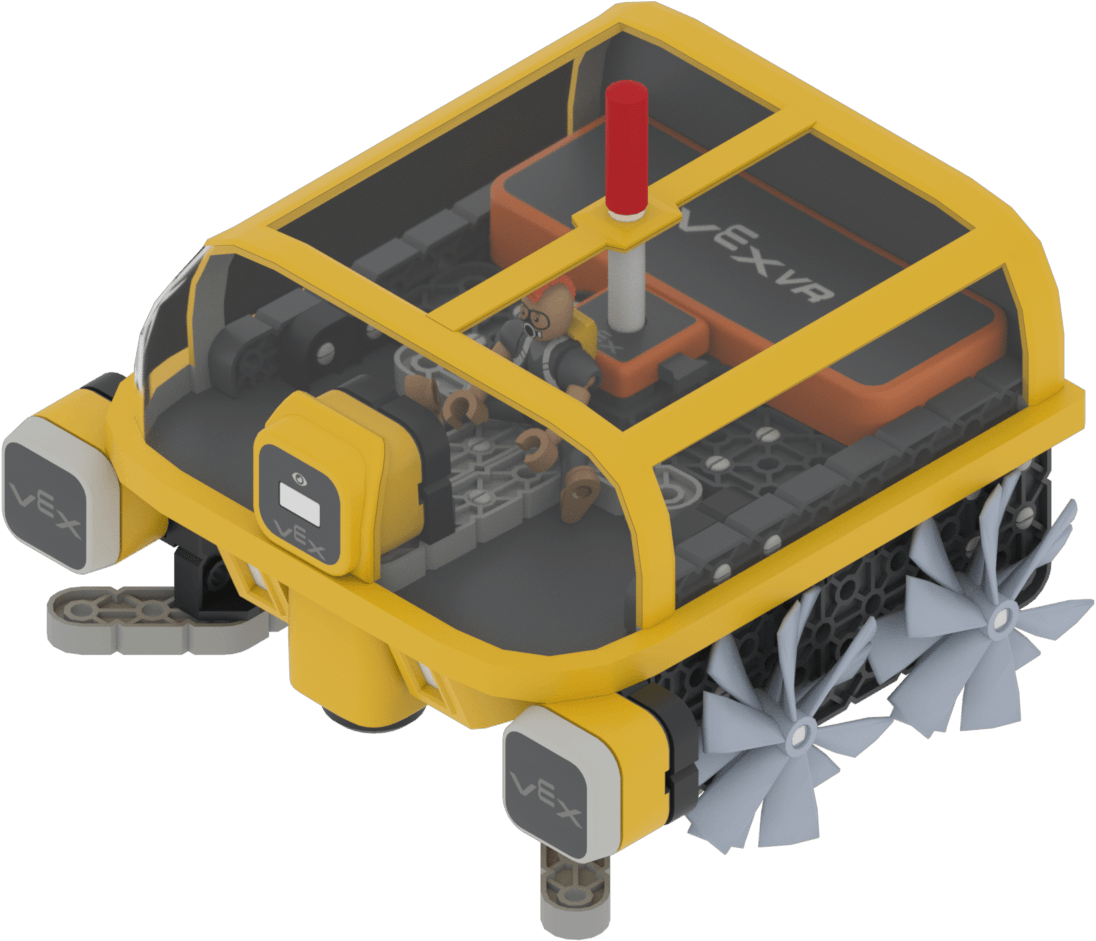 The VEXcode VR Robot window showing the Underwater VR Robot. It shows the robot moving and turning, sensing objects with its sensors, and drawing on the Playground.