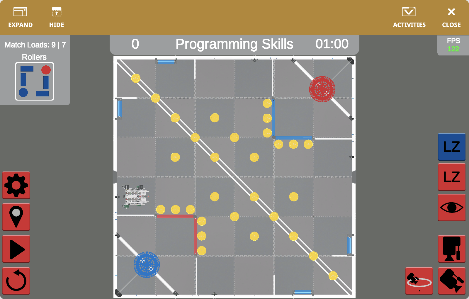 The VEXcode VR Playground window showing the V5RC 22-23 Spin Up Playground. It shows the Disco Robot scoring Discs and Rollers in the V5RC 22-23 Virtual Skills field.
