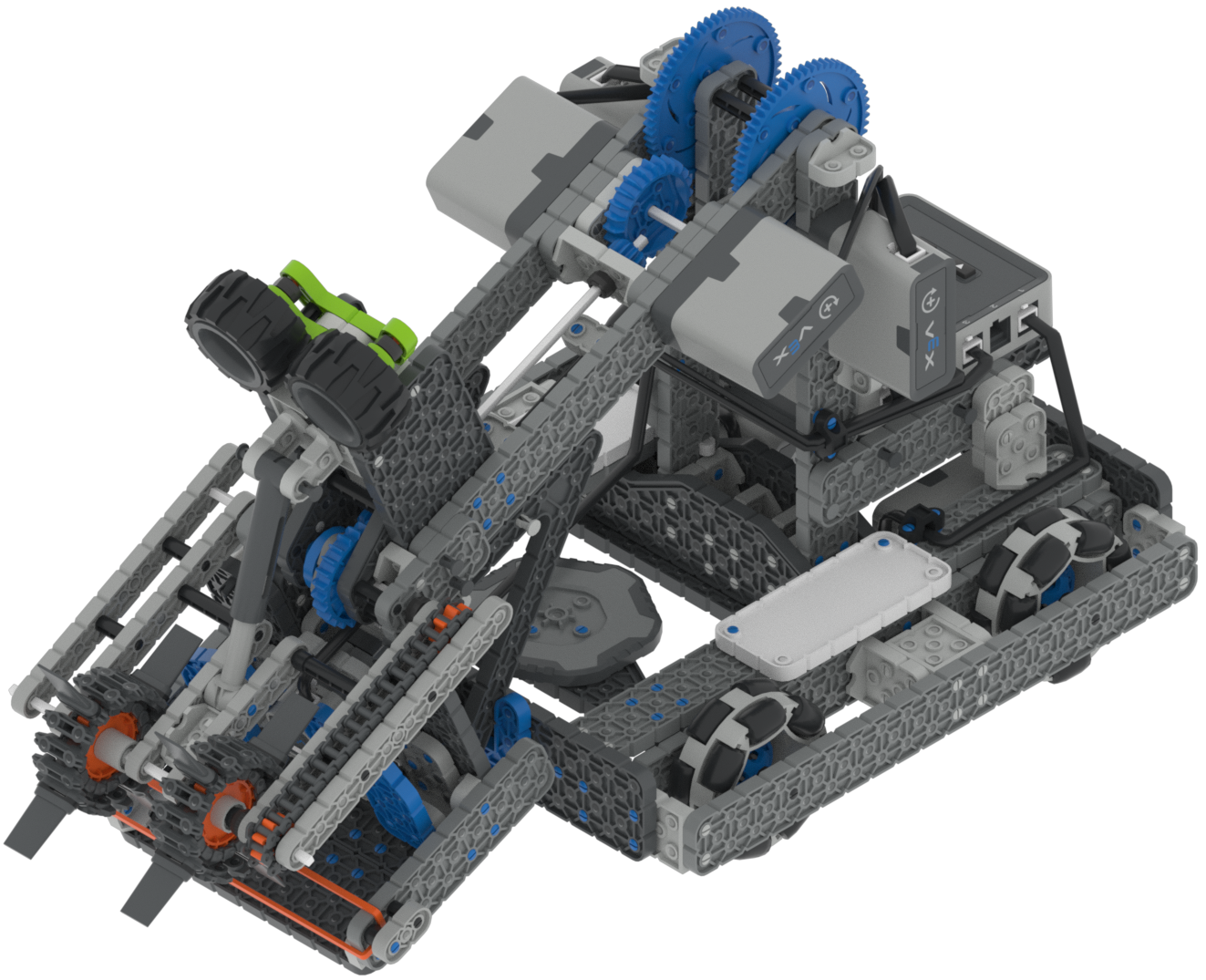 VEX IQ Hero Bot Byte 配备臂和进气电机组，在 Full Volume Playground 中展示其传感器和功能。