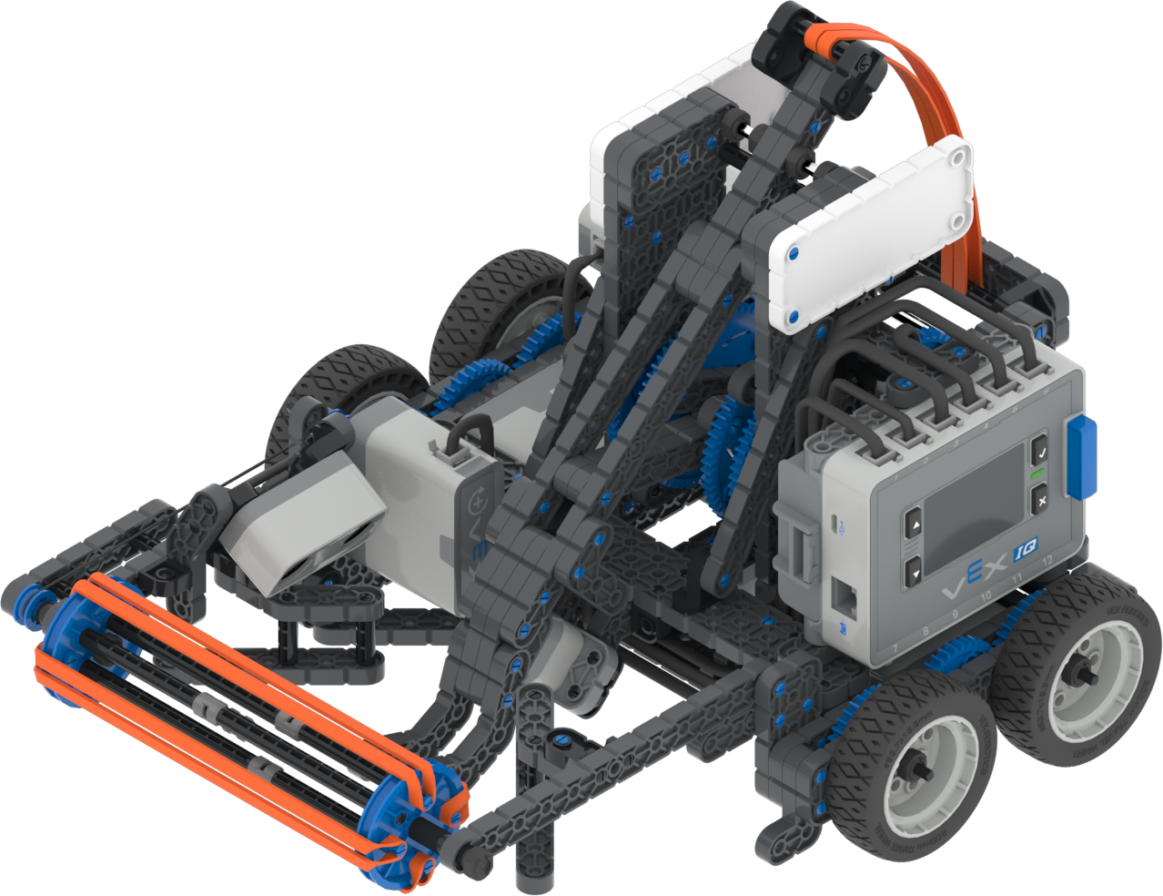 VEX IQ Hero Bot Fling 配备用于手臂和进气的马达，可在 VIQRC 虚拟技能 - 投球游乐场中使用。