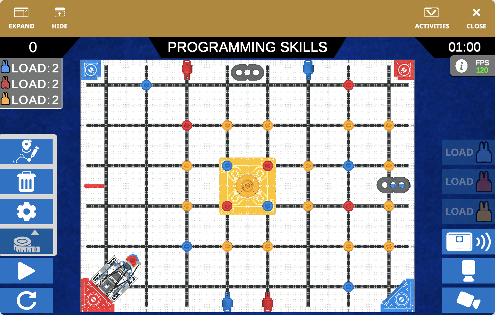 The VEXcode VR Playground window showing the VIQRC 25-26 Mix & Match Playground. It shows the Huey Robot manipulating Pins and Beams in the VIQRC 25-26 Virtual Skills field.