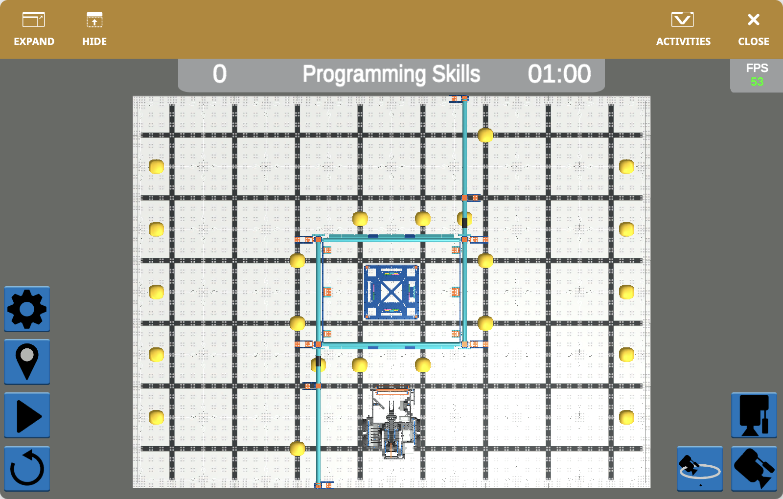 The VEXcode VR Playground window showing the VIQRC 21-22 Pitching In Playground. It shows the Fling Robot collecting and launching Balls in the VIQRC 21-22 Virtual Skills field.