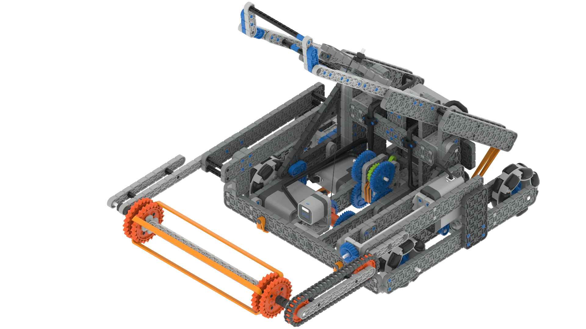 VEX IQ Hero Bot Switsh 配备臂和进气电机组，在快速接力赛场上展示其传感器和功能。