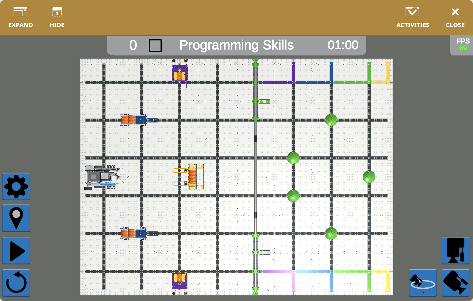 The VEXcode VR Playground window showing the VIQRC 22-23 Slapshot Playground. It shows the Snapshot Robot collecting and scoring Discs in the VIQRC 22-23 Virtual Skills field.