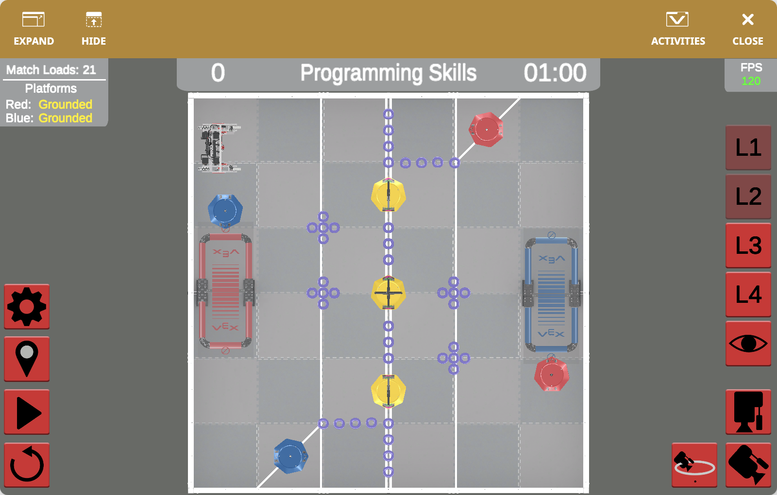 The VEXcode VR Playground window showing the V5RC 21-22 Tipping Point Playground. It shows the Moby Robot scoring Mobile Goals, Rings, and platform elevation in the V5RC 21-22 Virtual Skills field.
