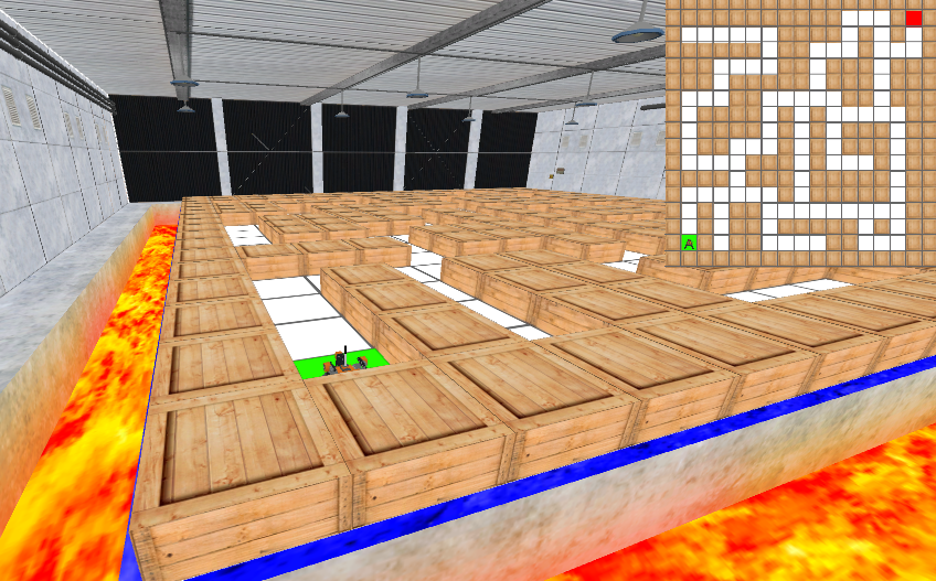 Wall Maze+ 游乐场网格图像，其中 VR MazeBot 起始位置标记为 (-2100, -2100)。